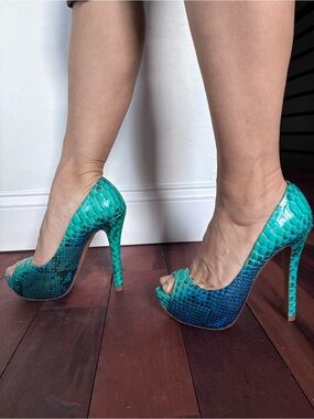 Alexandre Birman Teal and Blue Snakeskin Strappy 5 inch Heels